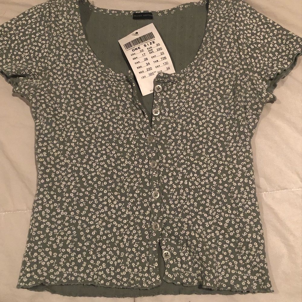 Brandy Melville Green Floral Zelly Ruffle Top NWT